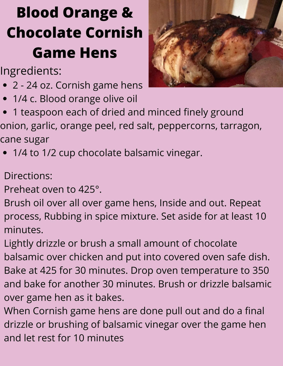 Blood Orange & Chocolate Cornish Game Hens