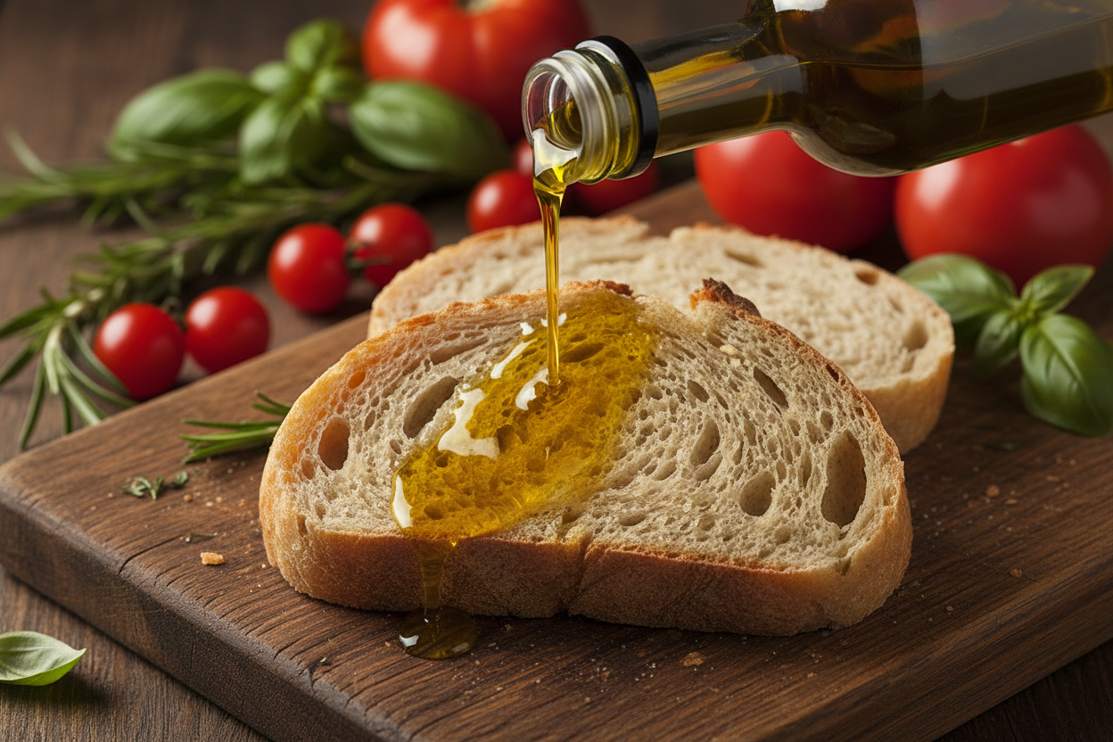 Olive oil poured over crusty artisan bread